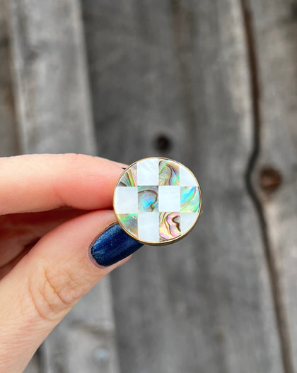 Checkerboard Mother of Pearl & Abalone Inlay Design Ring in Gold Alchemia Adjustable