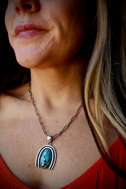 Rainbow Connection Pendant with Turquoise in Sterling Silver on Paperclip Chain