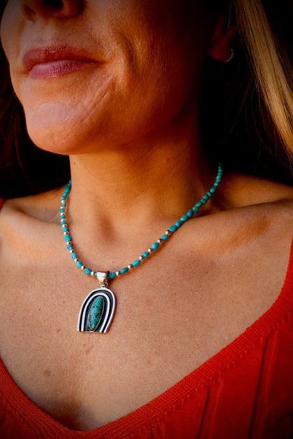 Rainbow Connection Pendant with Turquoise in Sterling Silver on Beaded Necklace