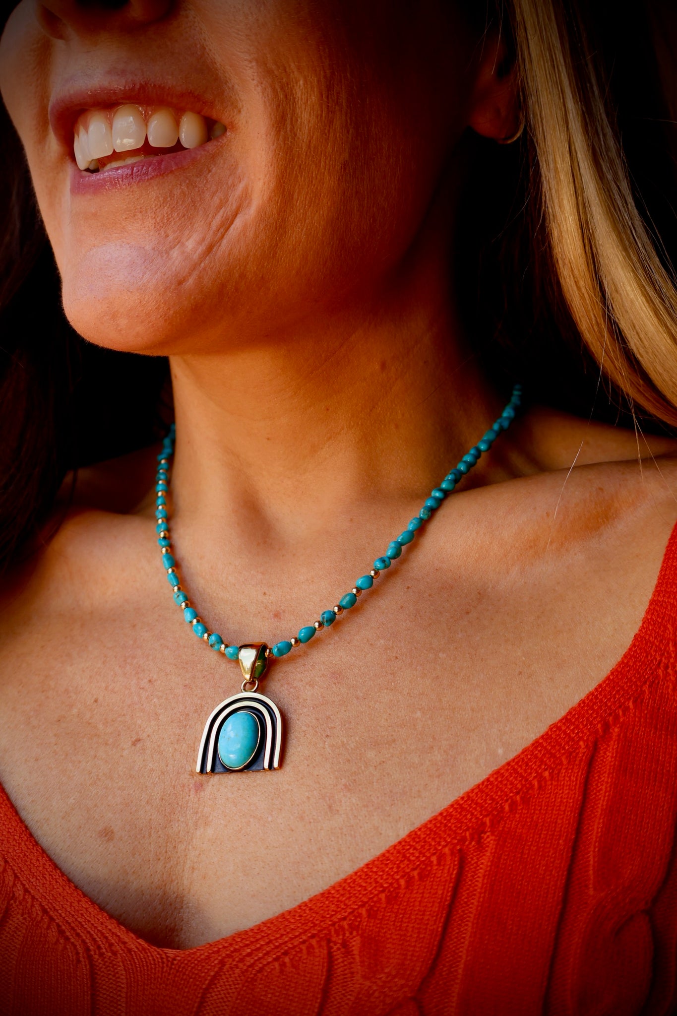 Rainbow Connection Pendant with Turquoise in Gold Alchemia on Beaded Necklace RC2