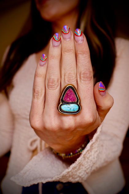 Cobalto Calcite & Turquoise Ring in Gold Alchemia