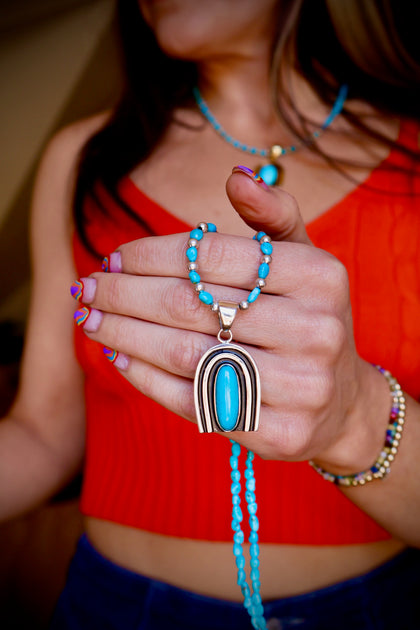 Rainbow Connection Pendant with Turquoise in Sterling Silver on Beaded Necklace