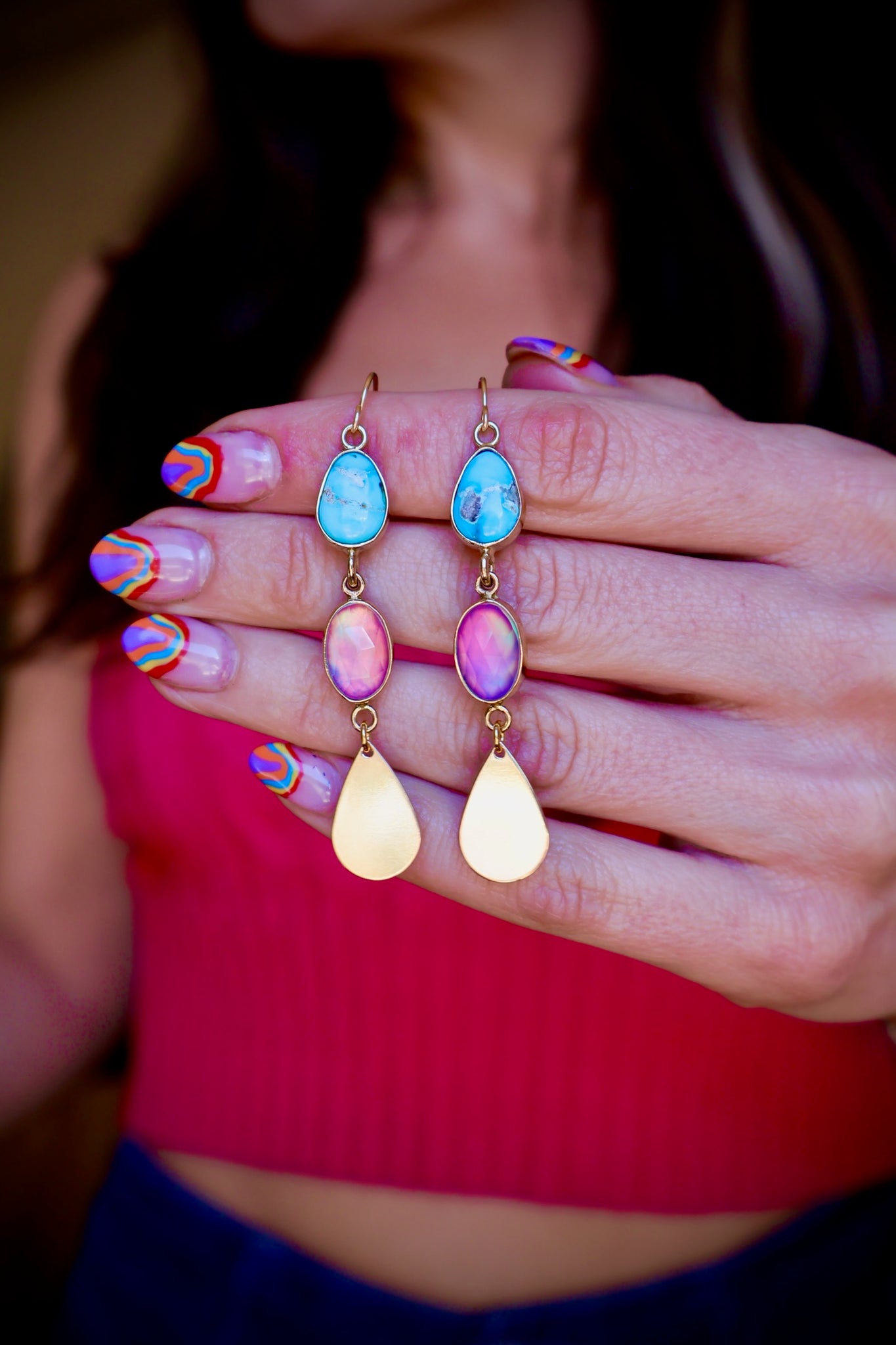 Turquoise & Aurora Opal Teardrop Earrings RC35