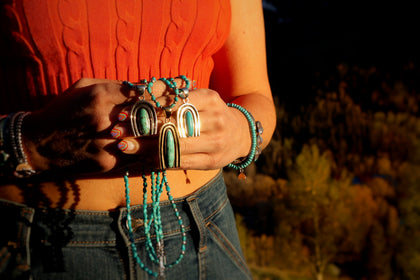 Rainbow Connection Pendant with Turquoise in Gold Alchemia on Beaded Necklace