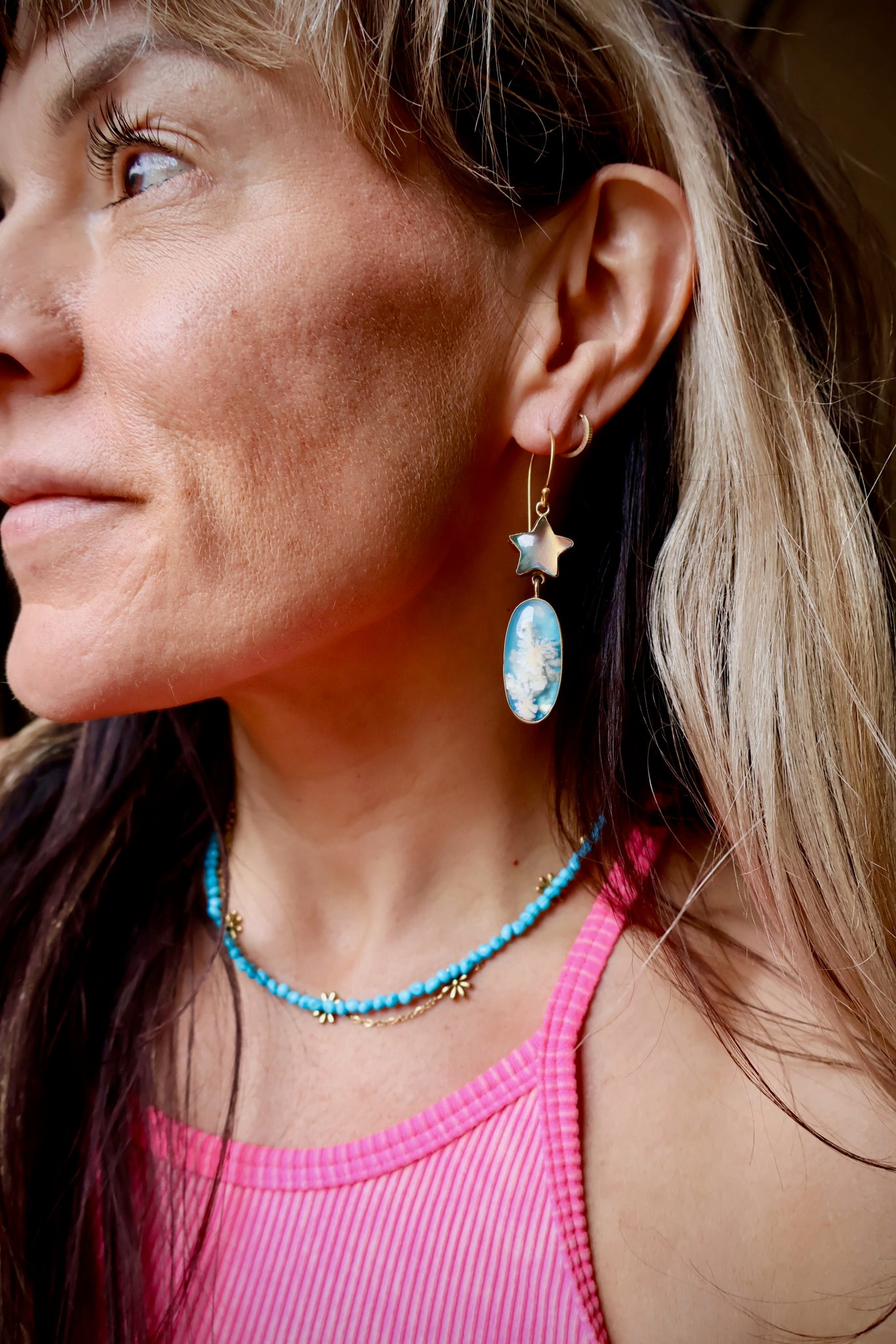 Shooting Star Earring with Aurora Opal & Cloud Plume Agate DT5