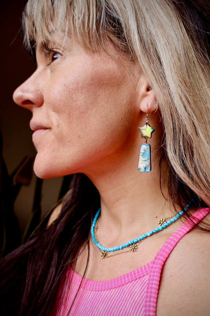 Shooting Star Earring with Aurora Opal & Cloud Plume Agate