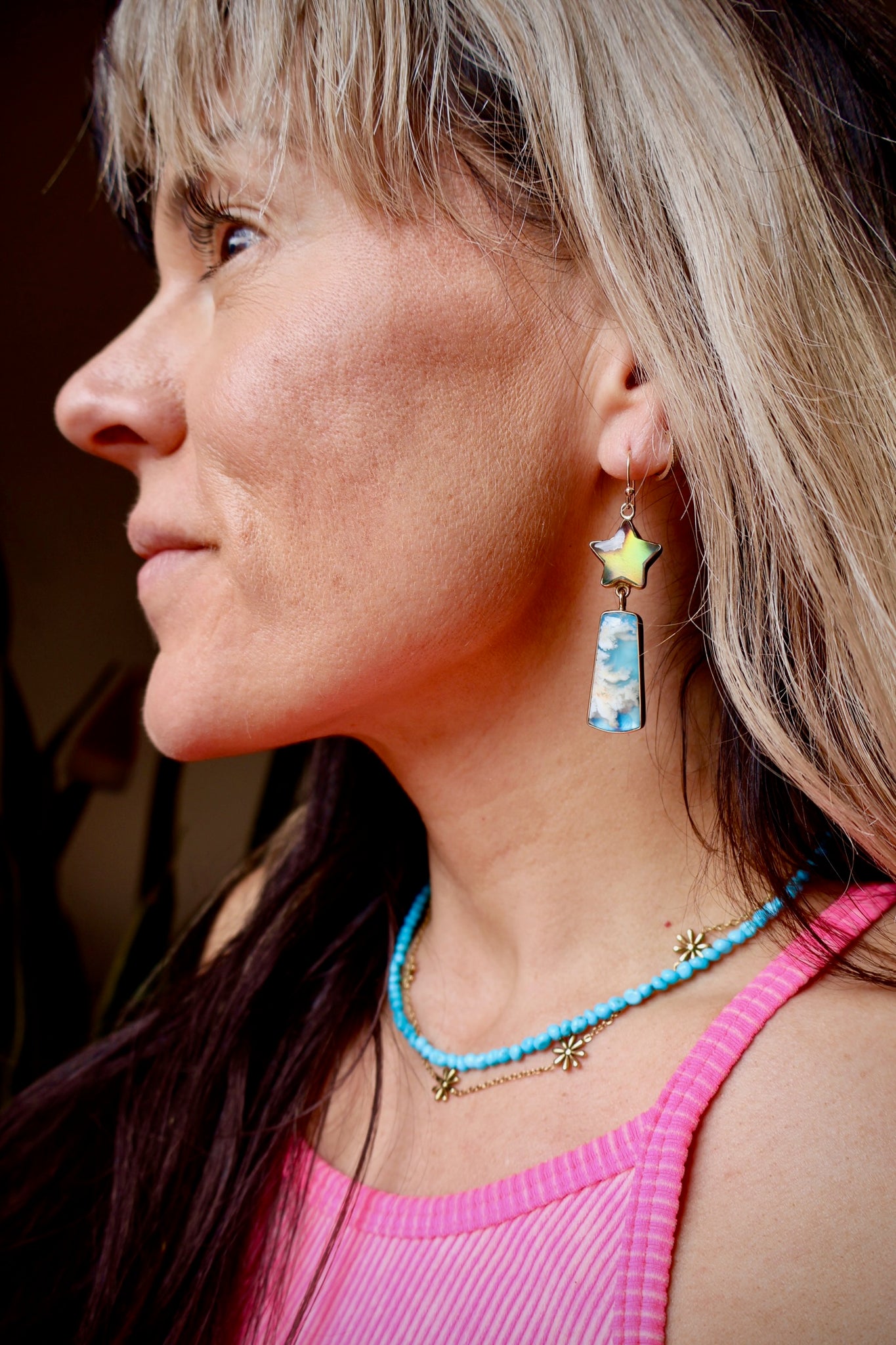 Shooting Star Earring with Aurora Opal & Cloud Plume Agate DT4