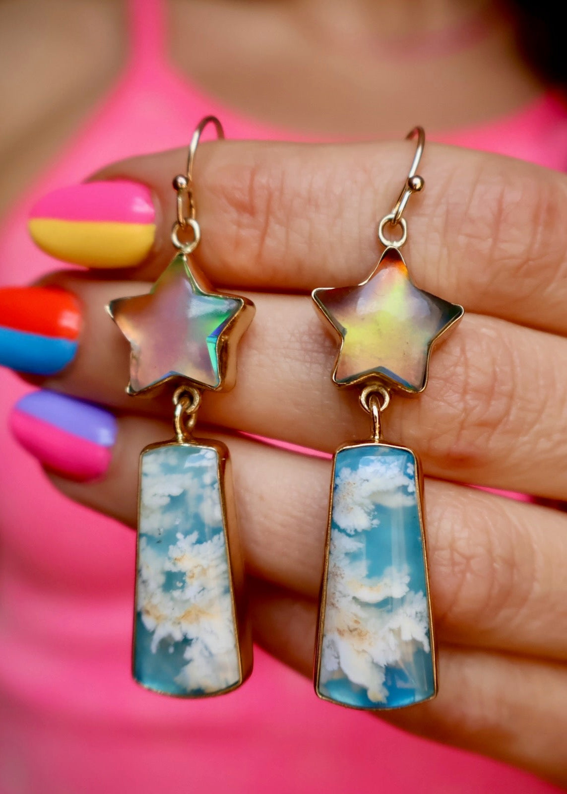 Shooting Star Earring with Aurora Opal & Cloud Plume Agate DT4