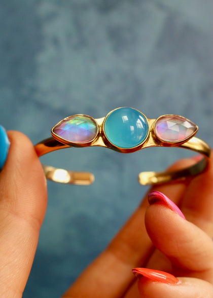 Chalcedony & Aurora Opal Triple Stone Cuff Bracelet DT