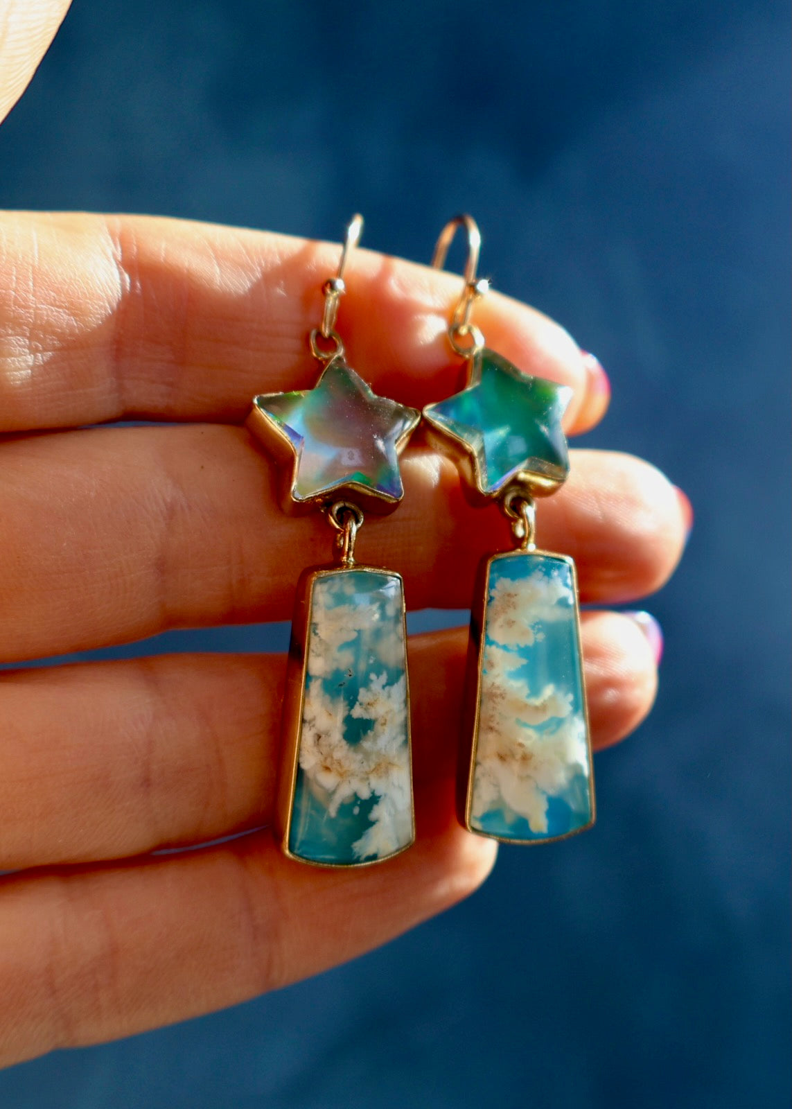 Shooting Star Earring with Aurora Opal & Cloud Plume Agate DT4