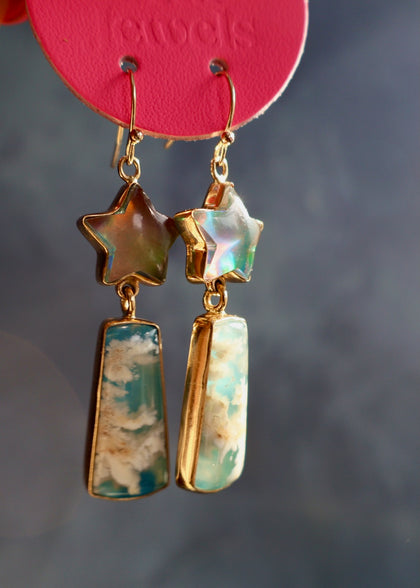 Shooting Star Earring with Aurora Opal & Cloud Plume Agate