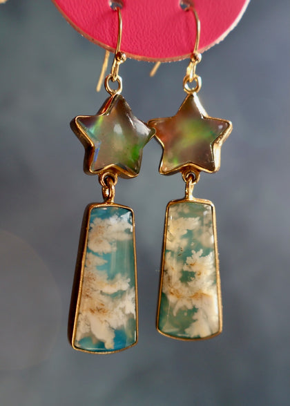 Shooting Star Earring with Aurora Opal & Cloud Plume Agate