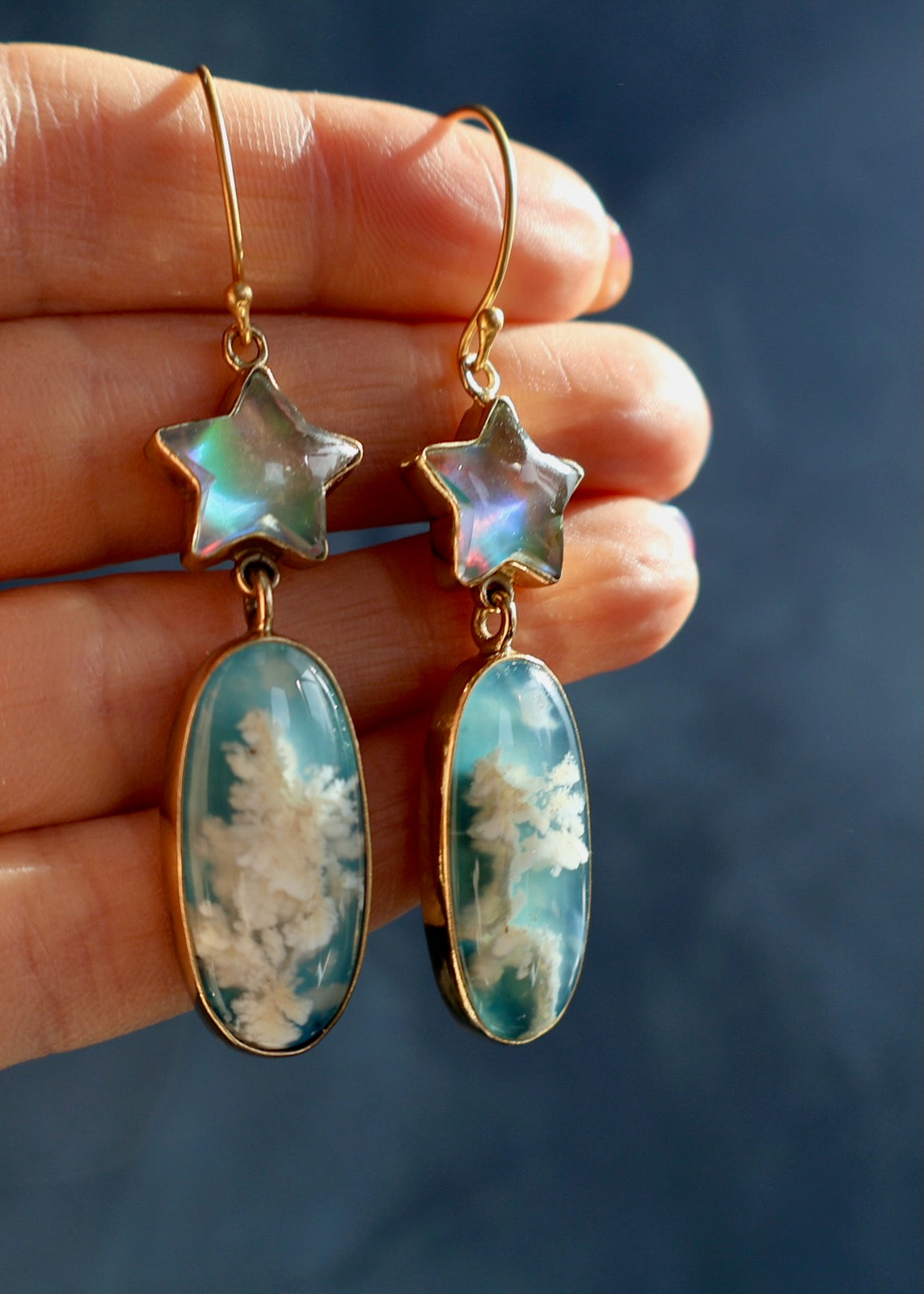 Shooting Star Earring with Aurora Opal & Cloud Plume Agate DT5