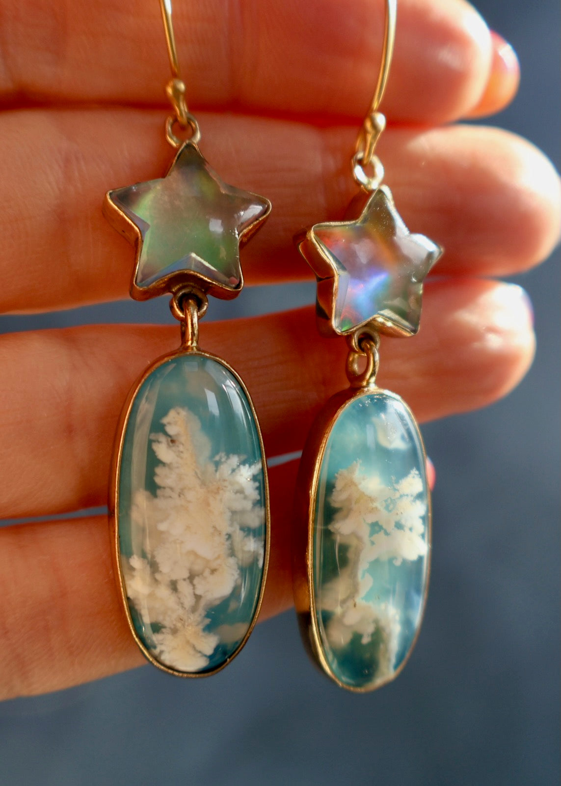Shooting Star Earring with Aurora Opal & Cloud Plume Agate DT5