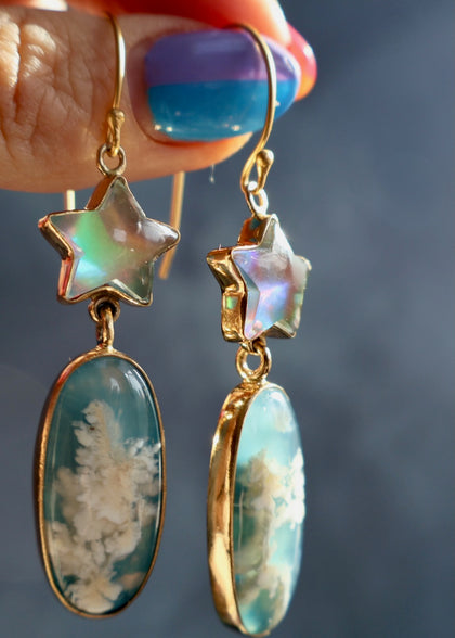 Shooting Star Earring with Aurora Opal & Cloud Plume Agate