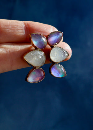 Aurora Opal and Rainbow Moon Stone Carved Eye Earrings DT8