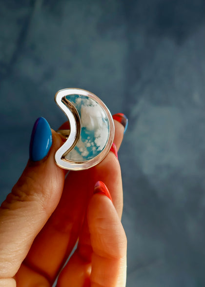Cloud Plume Agate Moon Ring Sterling Silver Adjustable