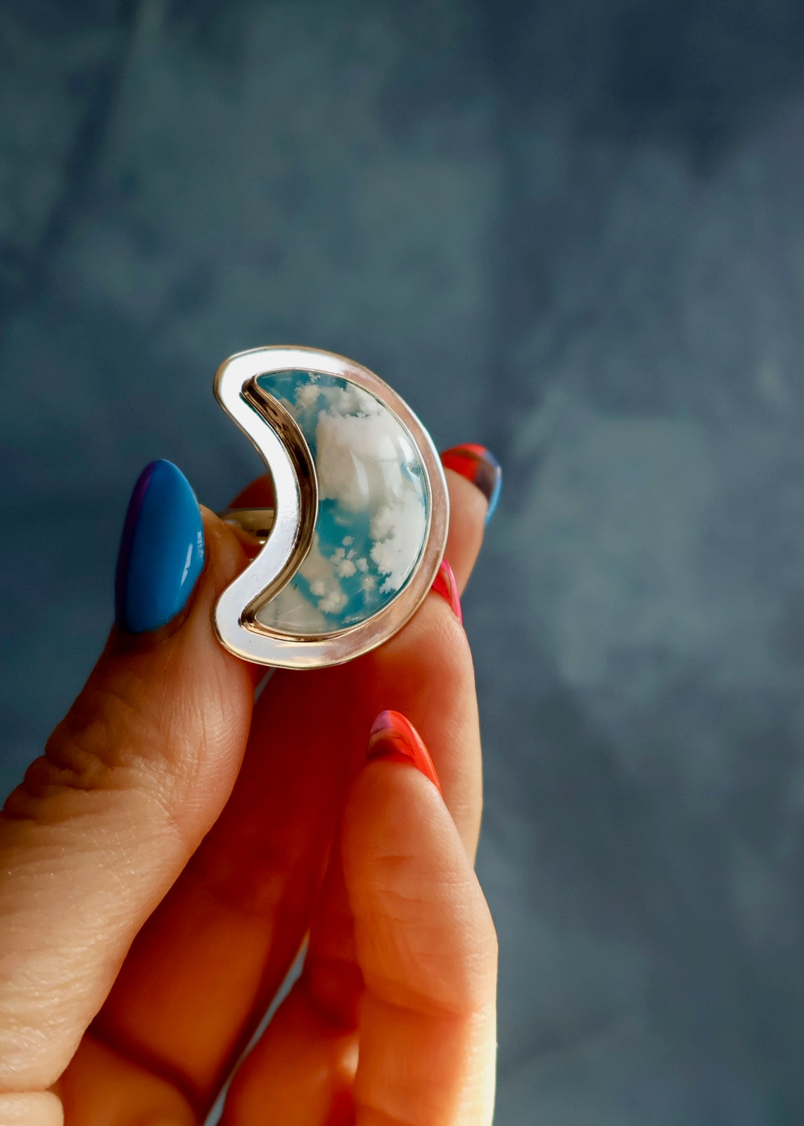 Cloud Plume Agate Moon Ring Sterling Silver Adjustable DT31