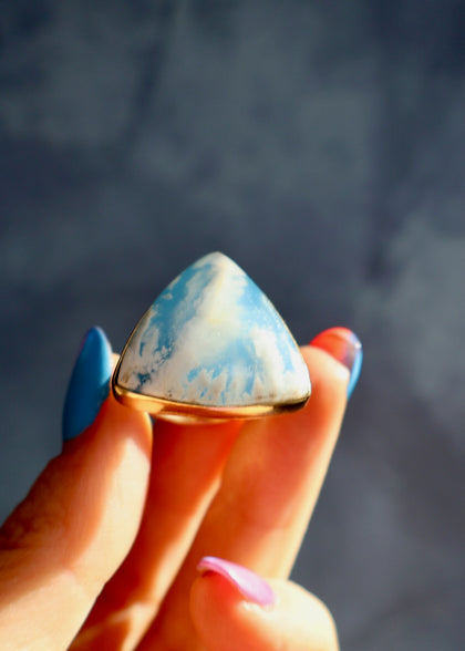 Cloud Plume Agate Moon Ring Gold Alchemia Adjustable