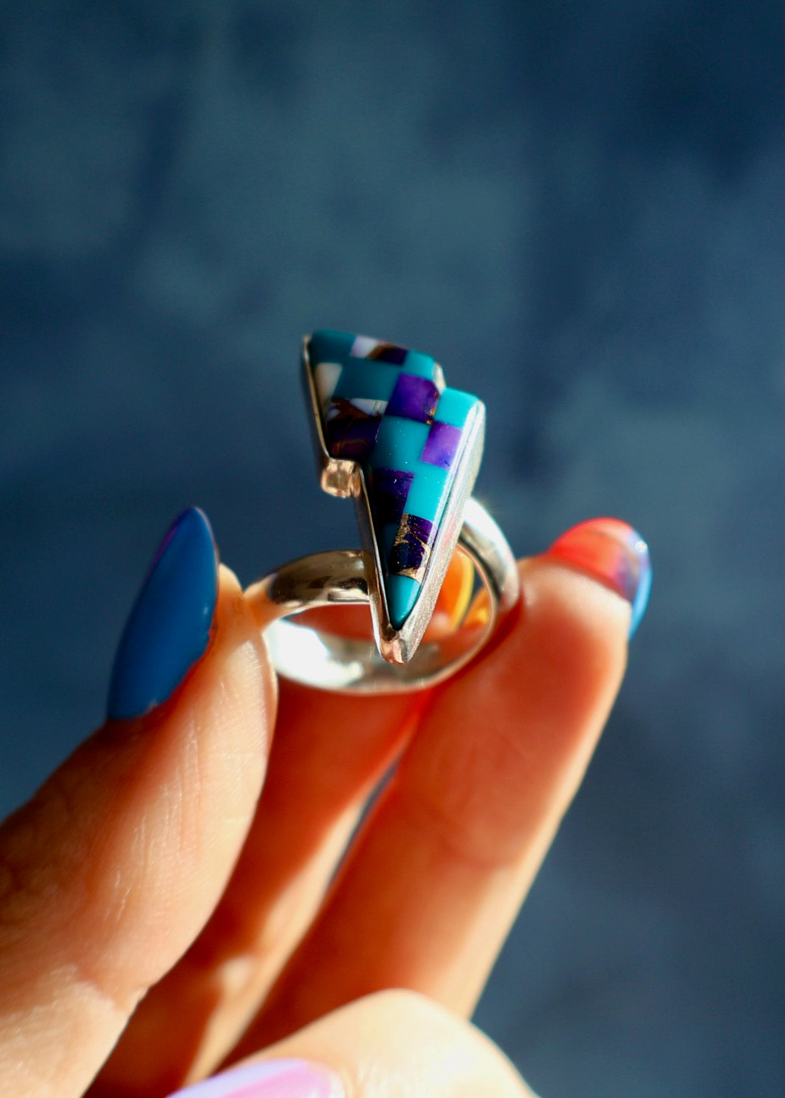 Lightning Bolt Ring Mojave Turquoise Checkerboard Sterling Silver Adjustable DT36