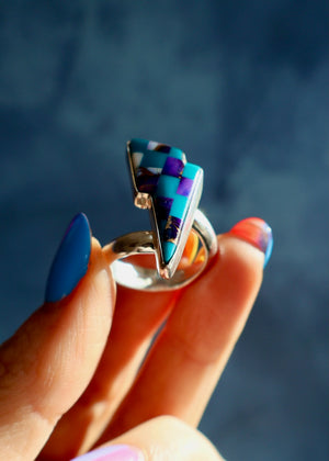 Lightning Bolt Ring Mojave Turquoise Checkerboard Sterling Silver Adjustable DT36