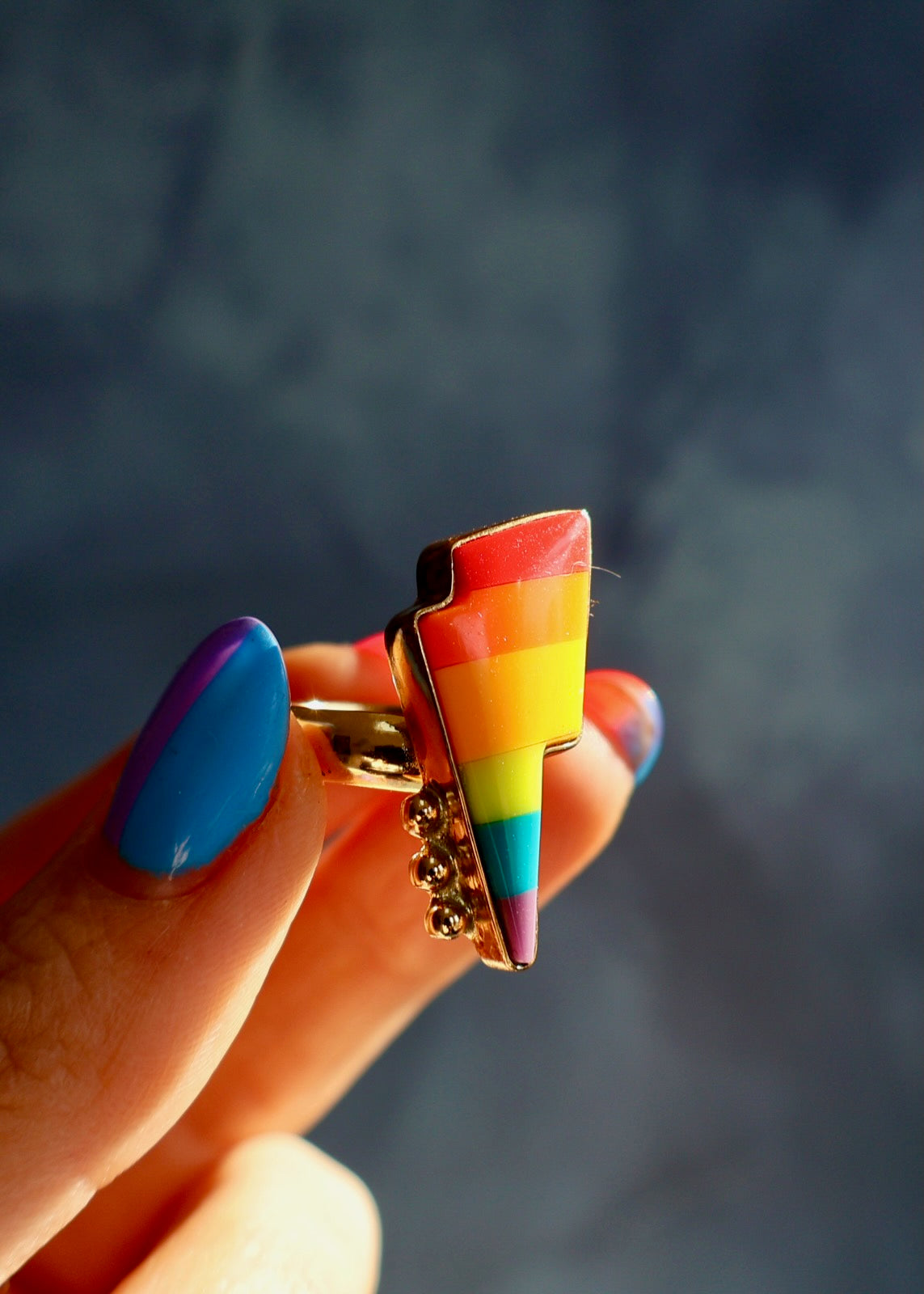 Rainbow Lightning Bolt Ring Vintage Pool Ball in Gold Alchemia DT37