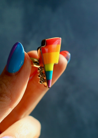 Rainbow Lightning Bolt Ring Vintage Pool Ball in Gold Alchemia