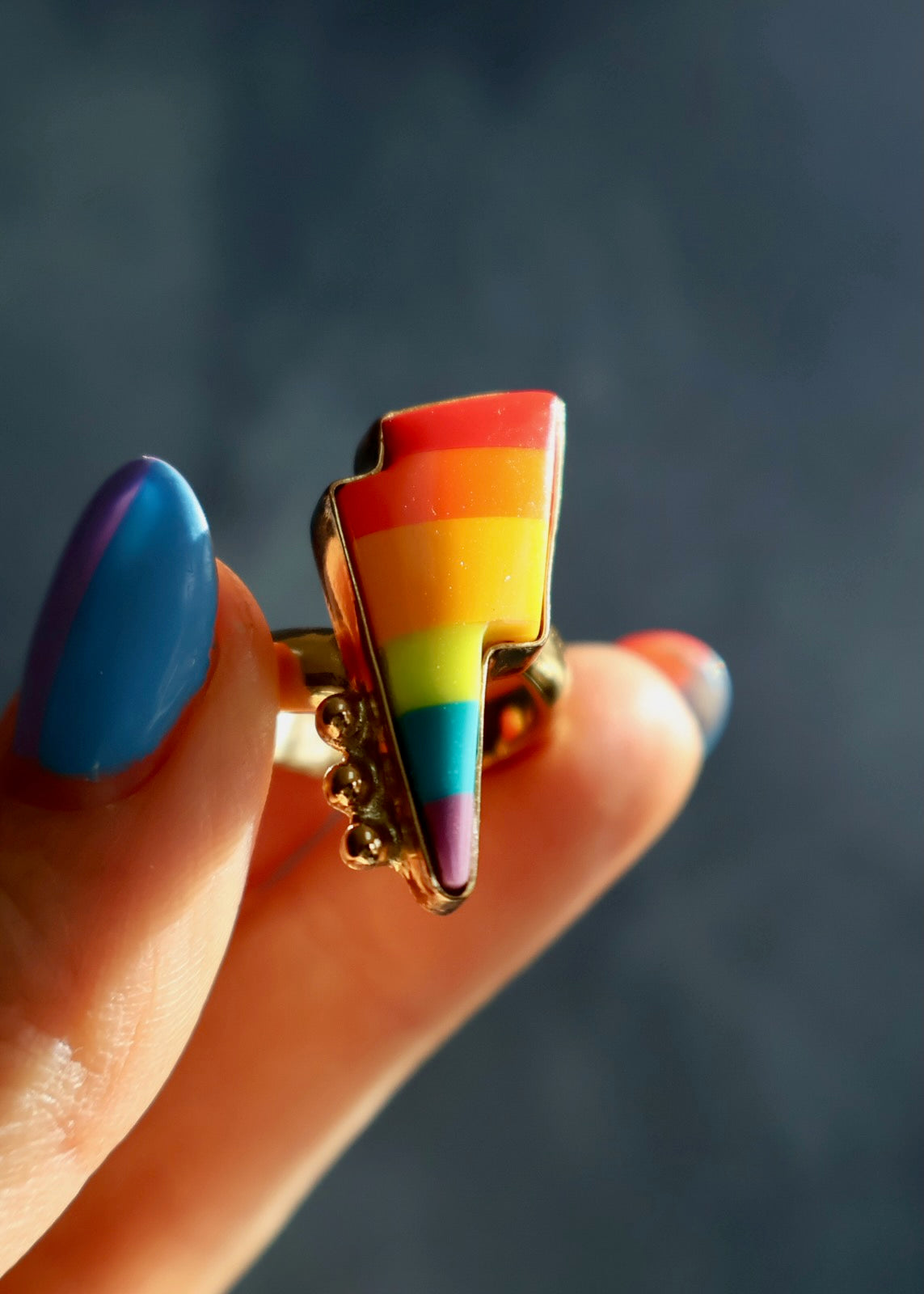 Rainbow Lightning Bolt Ring Vintage Pool Ball in Gold Alchemia DT37