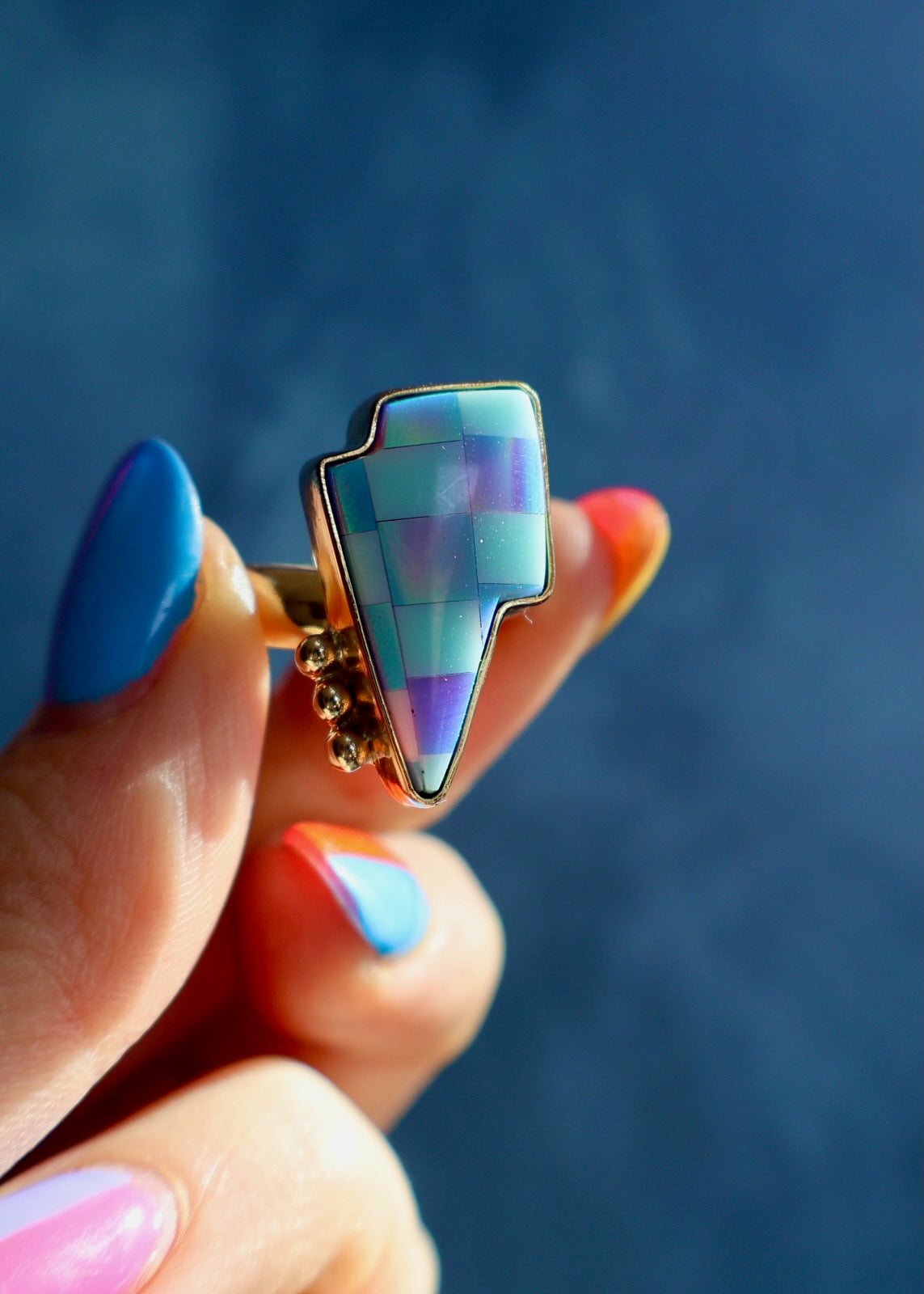 Checkerboard Lightning Bolt Ring Aurora Opal in Gold Alchemia DT38