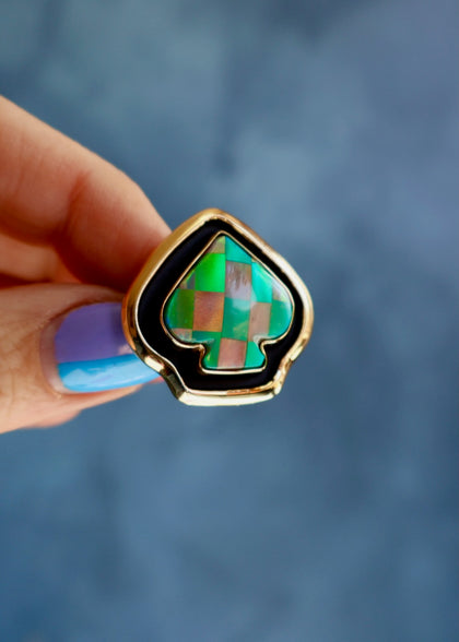 Checkerboard Aurora Opal Spade Ring