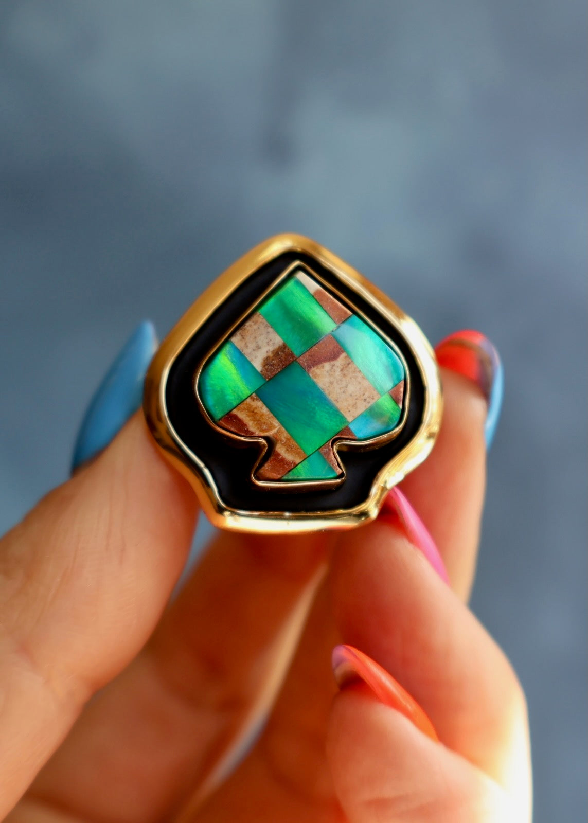 Checkerboard Aurora Opal Spade Ring DT46