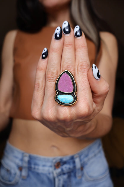 Cobalto Calcite & Turquoise Ring Adjustable Size