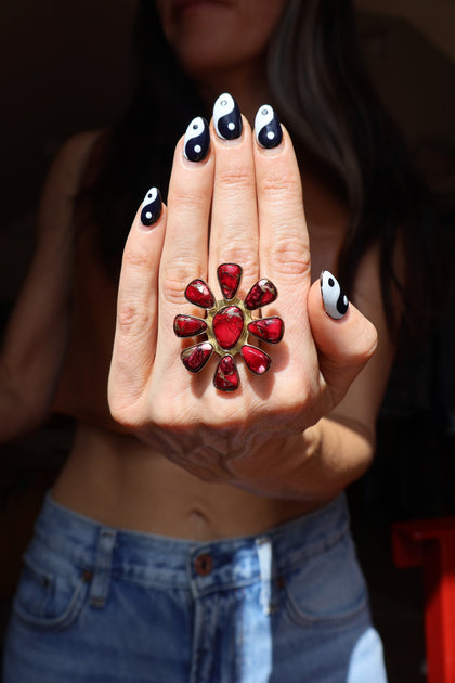 Red Dahlia Turquoise Flower Ring Adjustable Size