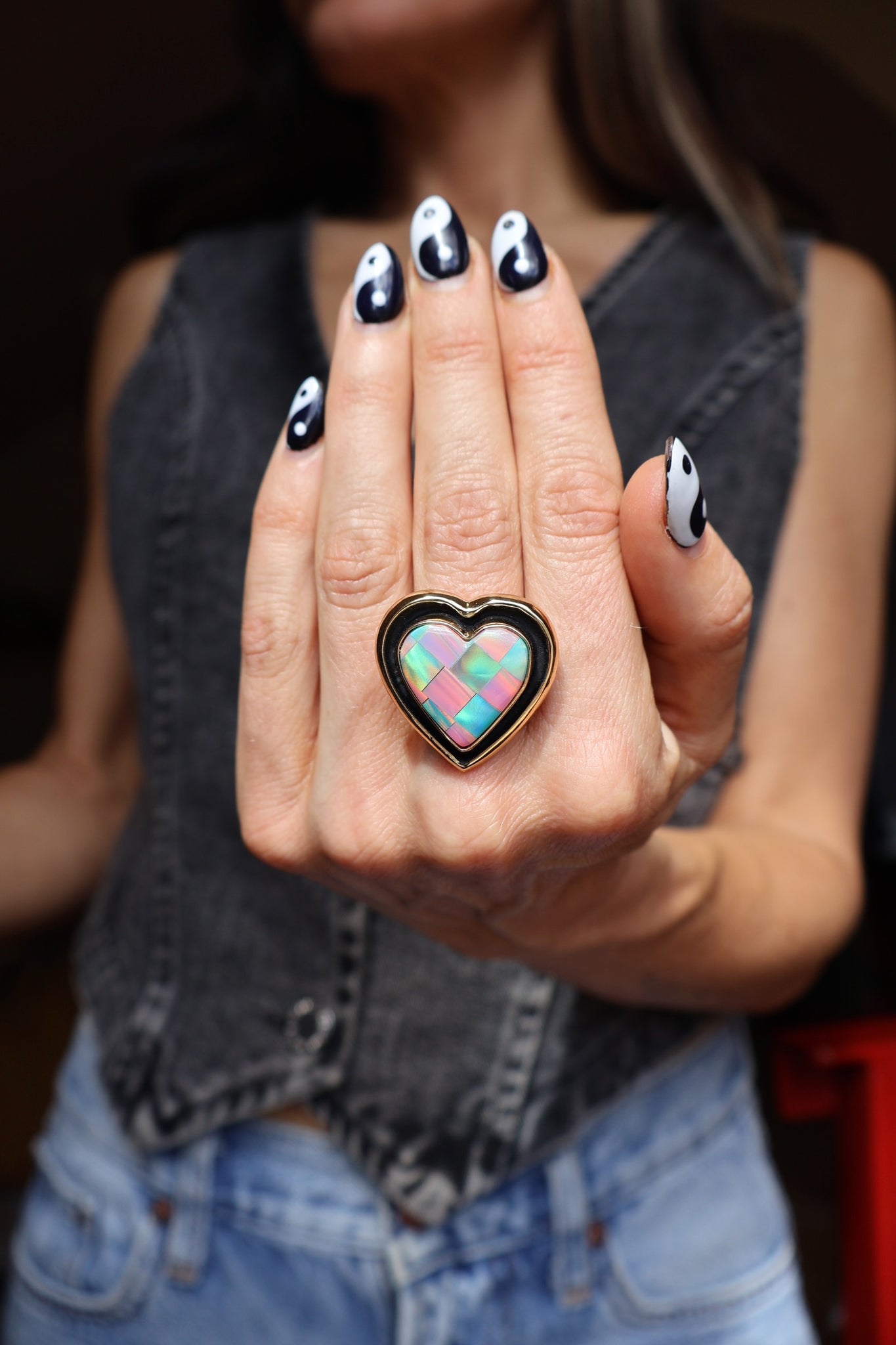 Checkerboard Aurora Opal Heart Ring Adjustable Size EW13