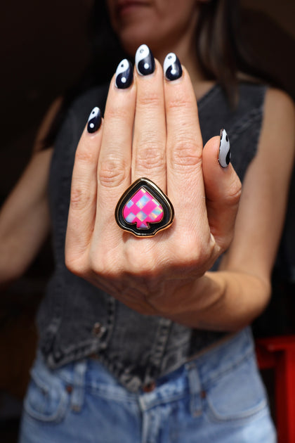 Checkerboard Aurora Opal Spade Ring Adjustable Size