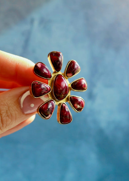 Red Dahlia Turquoise Flower Ring Adjustable Size