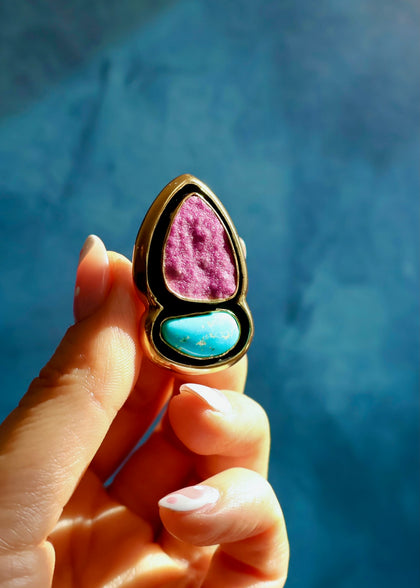 Cobalto Calcite & Turquoise Ring Adjustable Size