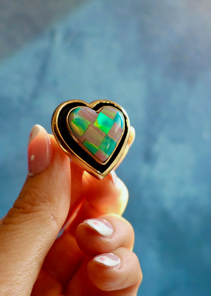 Checkerboard Aurora Opal Heart Ring Adjustable Size