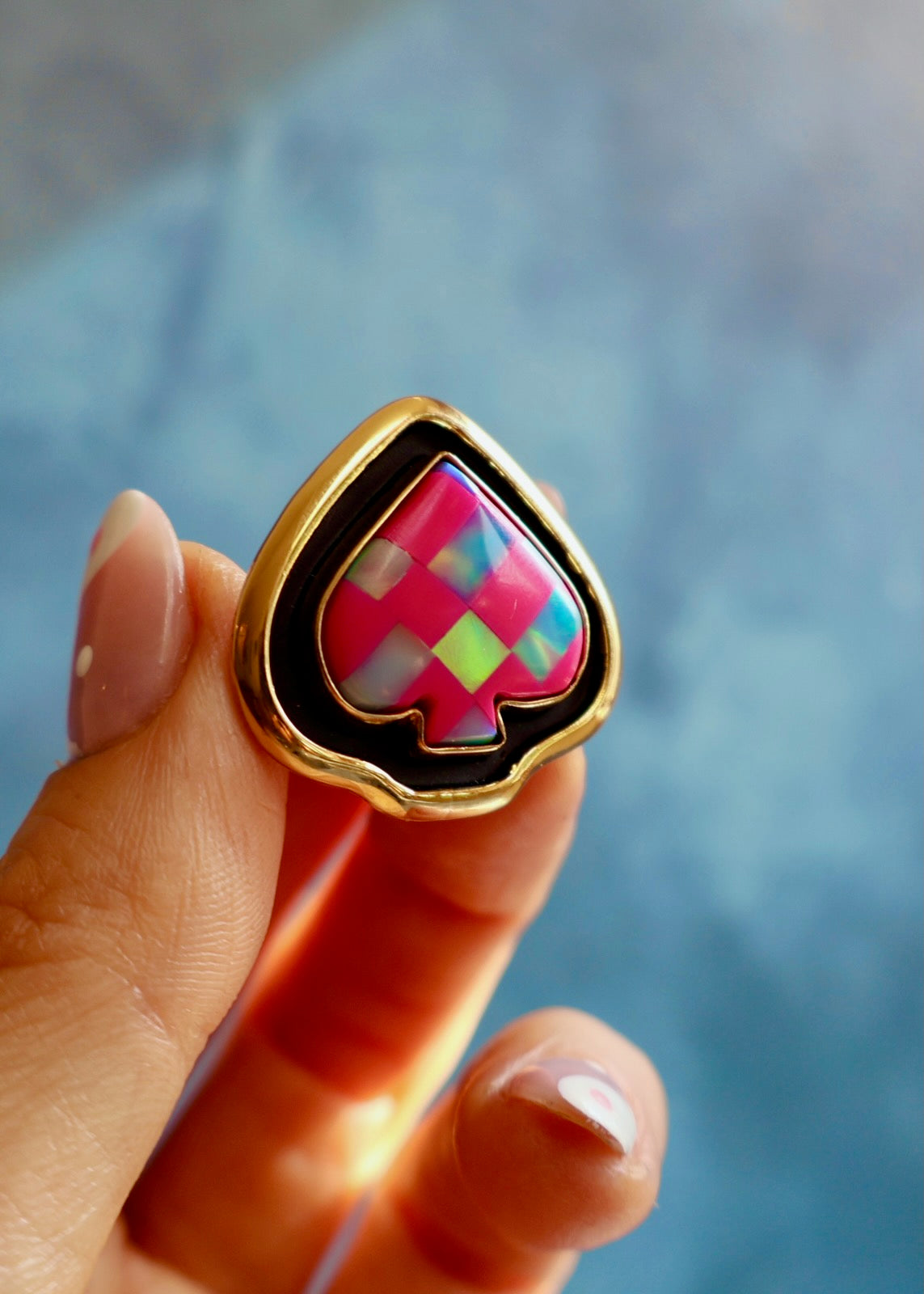 Checkerboard Aurora Opal Spade Ring Adjustable Size EW14