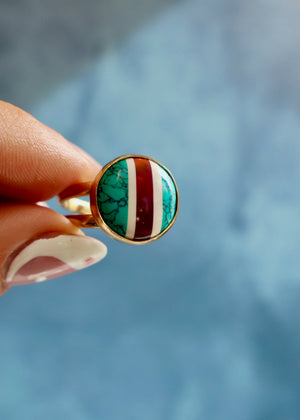 Turquoise & Carnelian Stripe Ring Adjustable Size EW21
