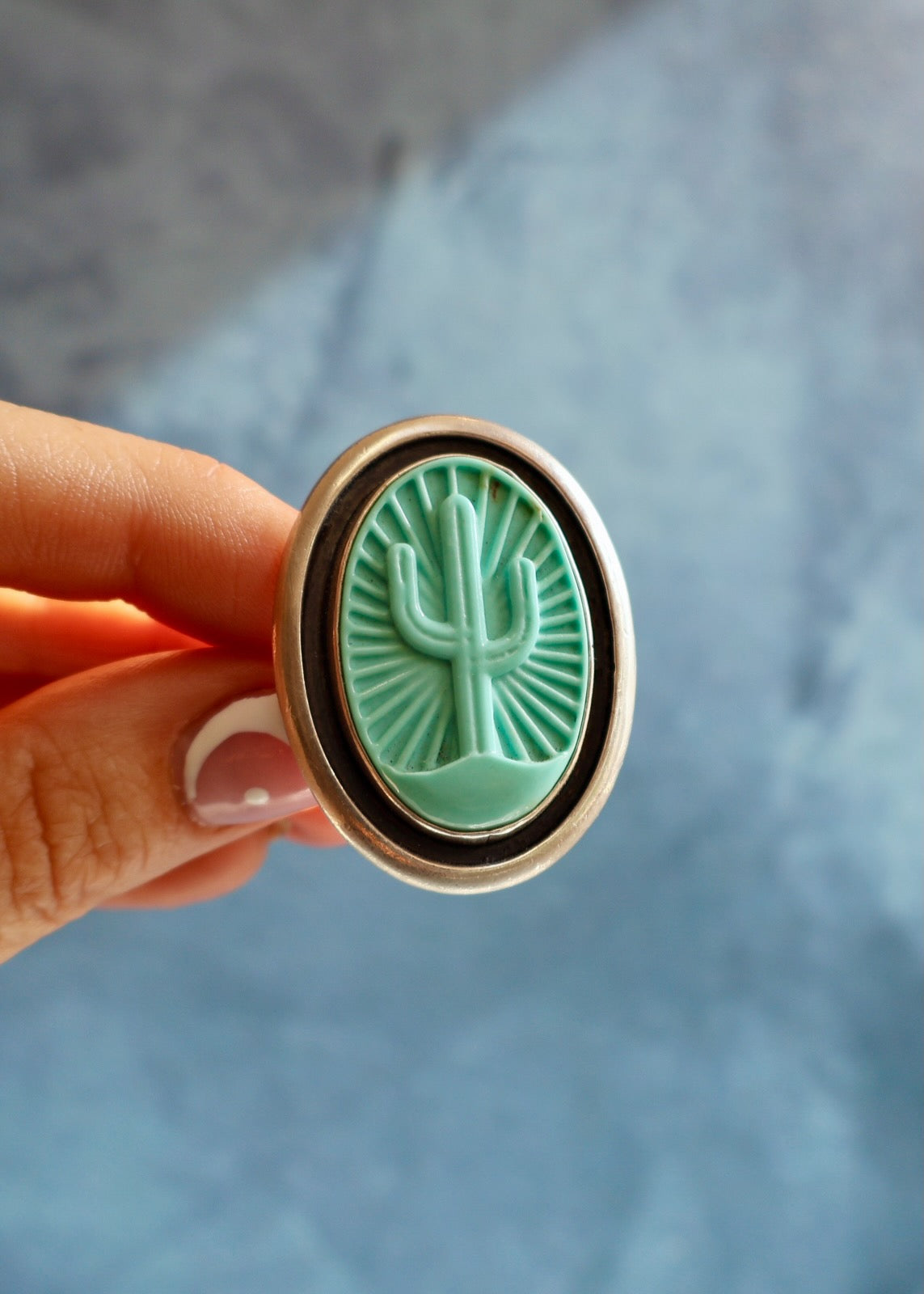 Kingman Turquoise Saguaro Cactus Sterling Silver Ring Adjustable Size EW22