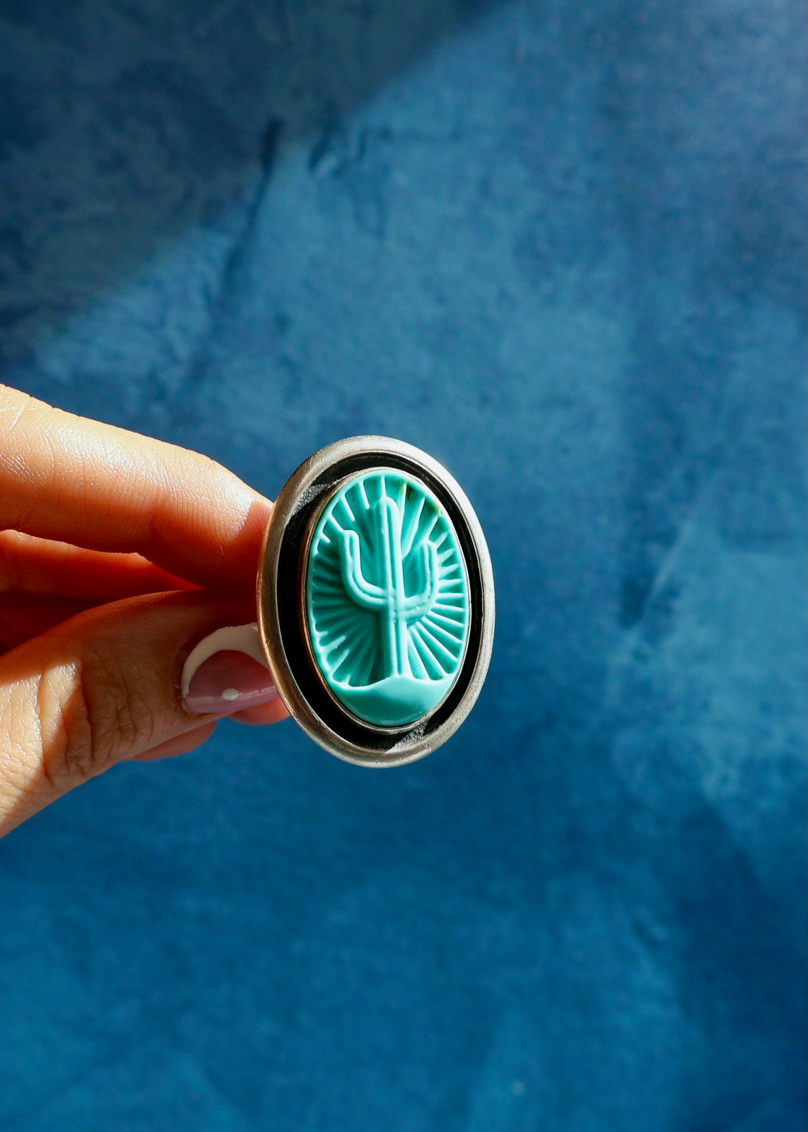 Kingman Turquoise Saguaro Cactus Sterling Silver Ring Adjustable Size EW22