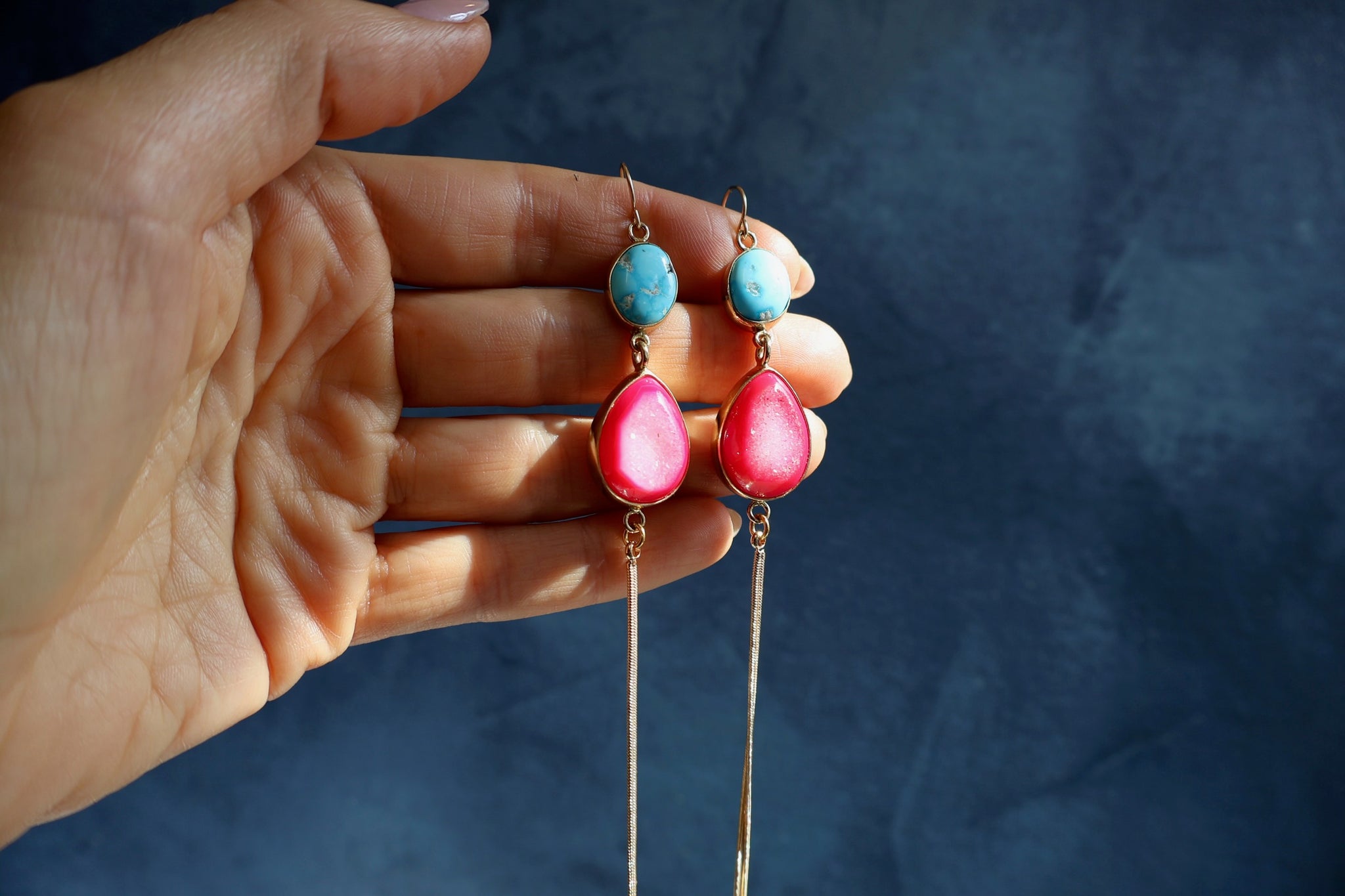White Water Turquoise & Hot Pink Druzy Earrings EW43