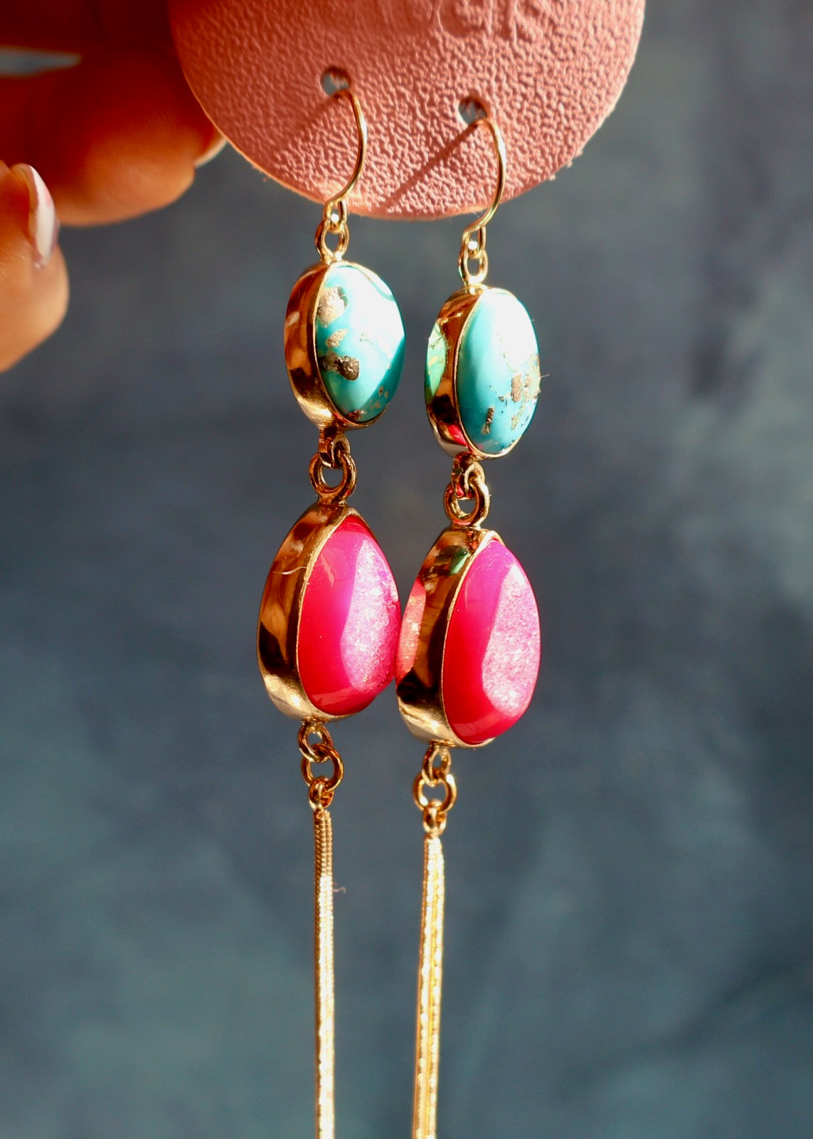 White Water Turquoise & Hot Pink Druzy Earrings EW44