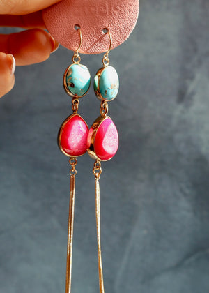 White Water Turquoise & Hot Pink Druzy Earrings EW44