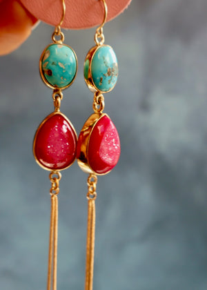 White Water Turquoise & Hot Pink Druzy Earrings EW44
