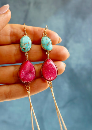 White Water Turquoise & Hot Pink Druzy Earrings EW45