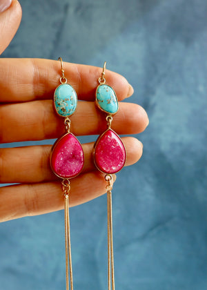 White Water Turquoise & Hot Pink Druzy Earrings EW45