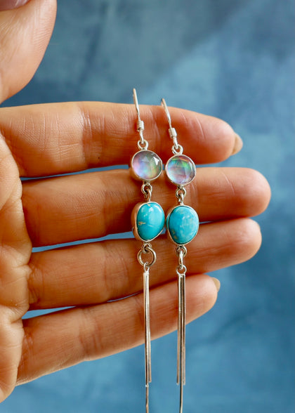 White Water Turquoise & Aurora Opal Sterling Silver Earrings