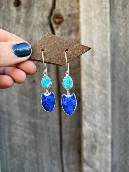 White Water Turquoise & Lapis Coyote Earring in Sterling Silver